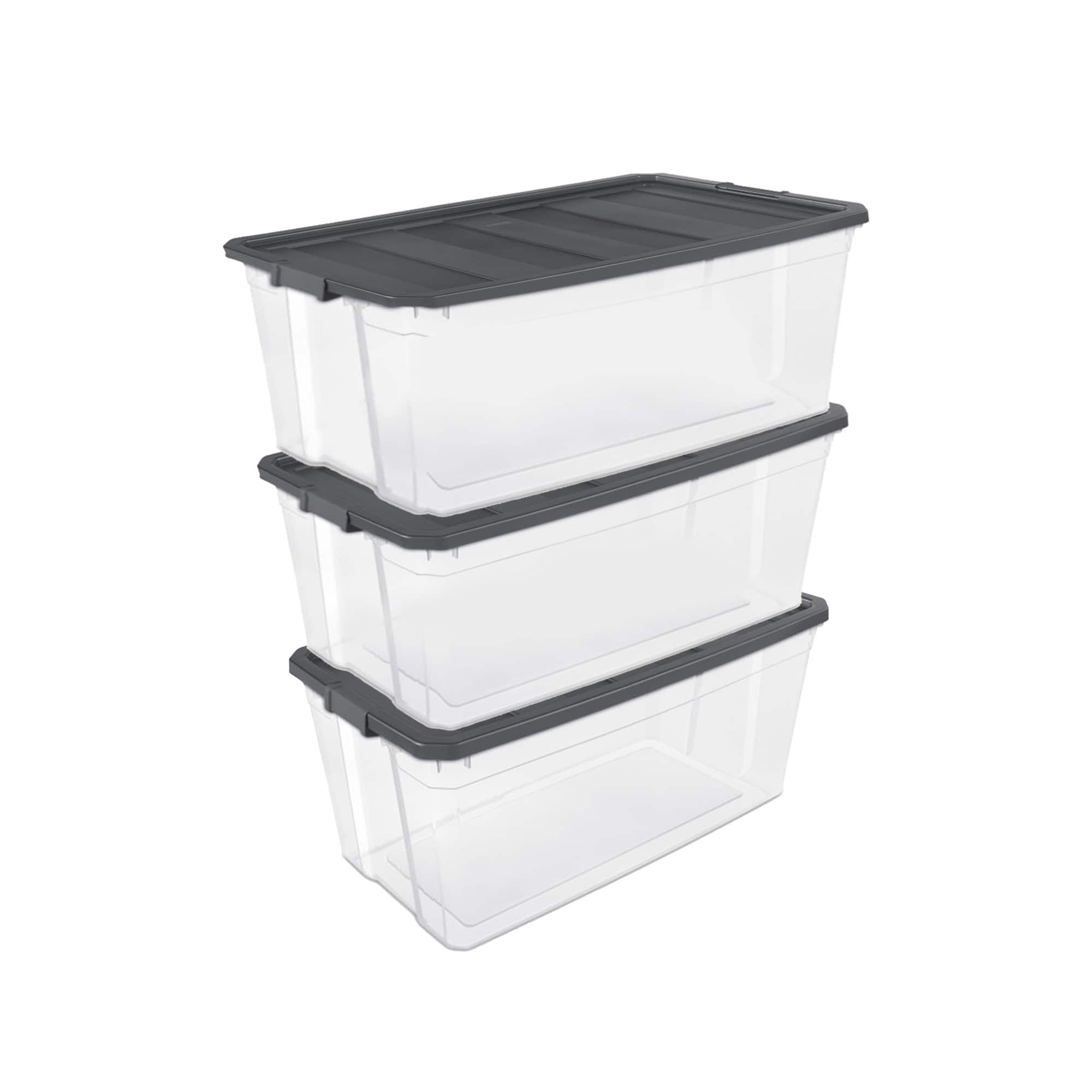 Sterilite - 200 Quart Clear Stackable Latching Storage Box Container, Grey, 3 Pack