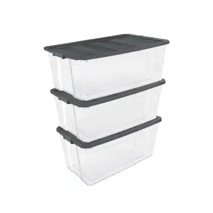 Front. Sterilite - Sterilite 200 Quart Clear Stackable Latching Storage Box Container, Grey, 3 Pack.