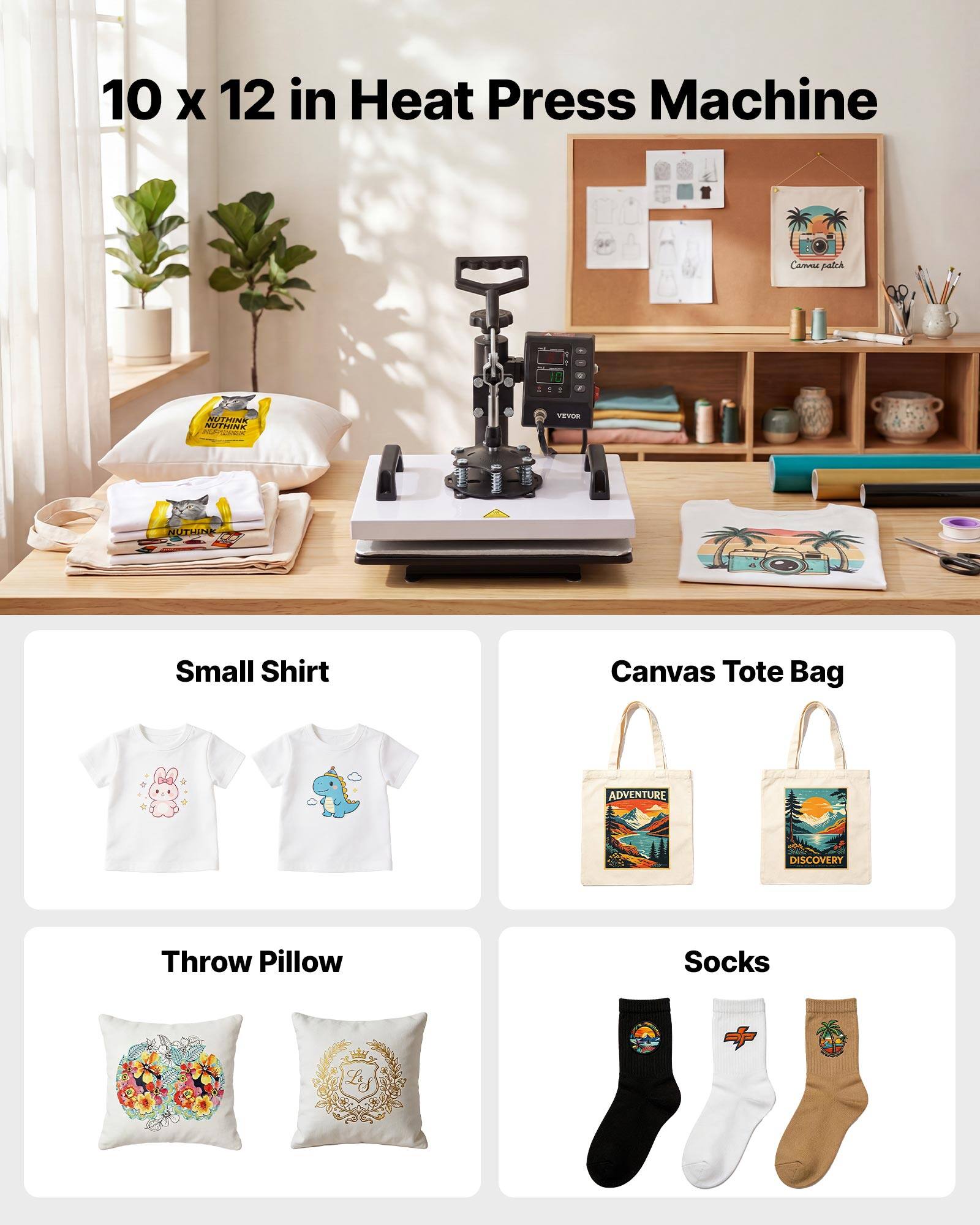 10 x 12 in Heat Press Machine

Small Shirt

Canvas Tote Bag

Throw Pillow

Socks