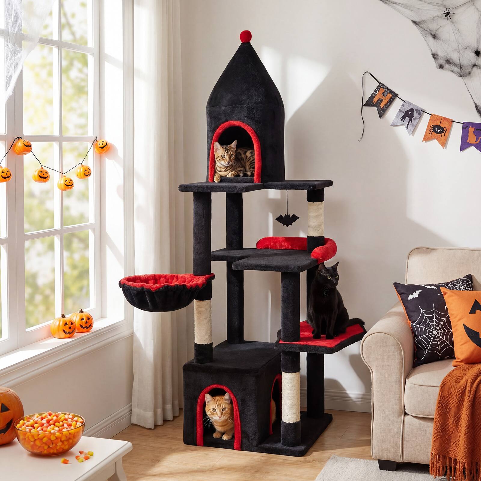 Alt View 3. Gymax - Gymax 63'' Gothic Cat Tree w/ Condo Top Cave Sisal Scratching PostsBat Hanging Toy.