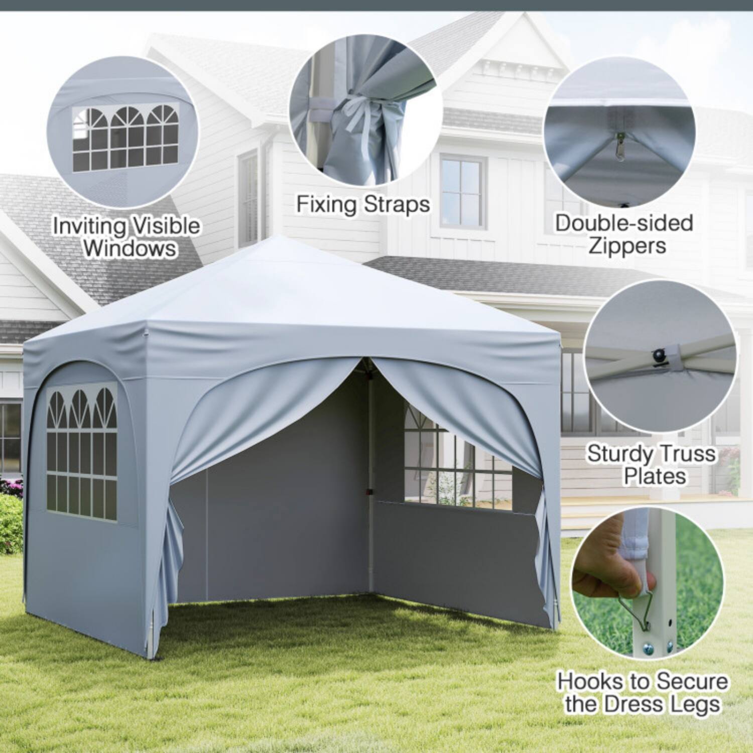 Inviting Visible Windows  
Fixing Straps  
Double-sided Zippers  
Sturdy Truss Plates  
Hooks to Secure the Dress Legs