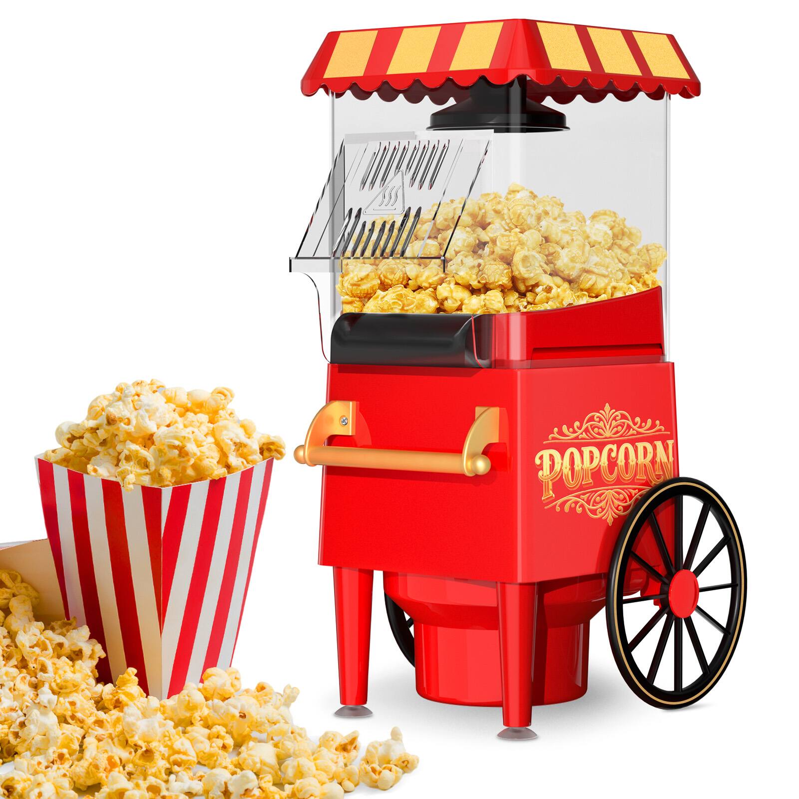 Front. OSTBA - Vintage Popcorn Maker Machine with Measuring Cup, Oil-Free Hot Air Popcorn Popper Cart for Parties& Family Fun - Red.