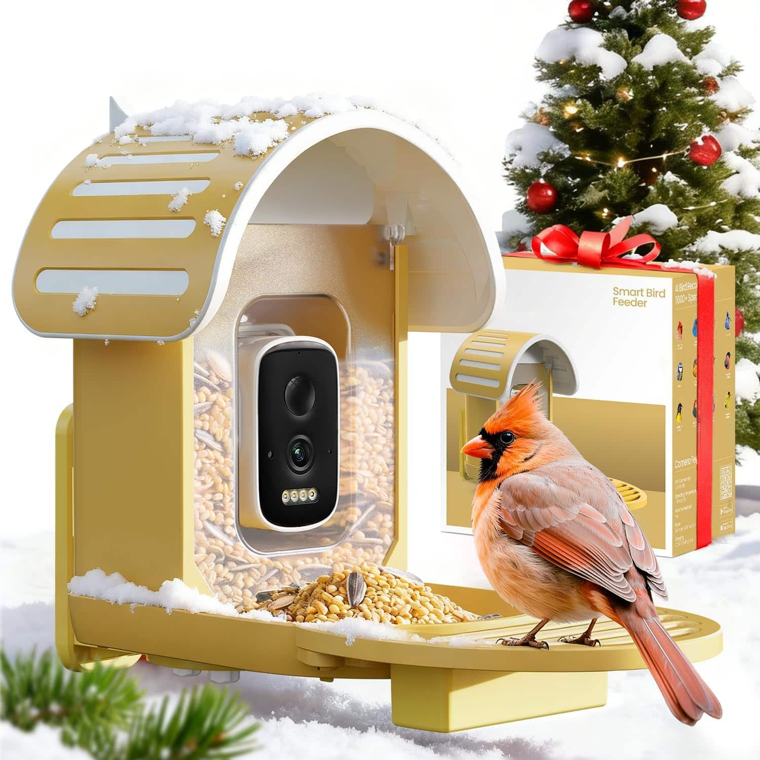 FINEAK - Solar Smart Bird Feeder-2.5K AI Camera, Real-time Wildlife Experience - Yellow