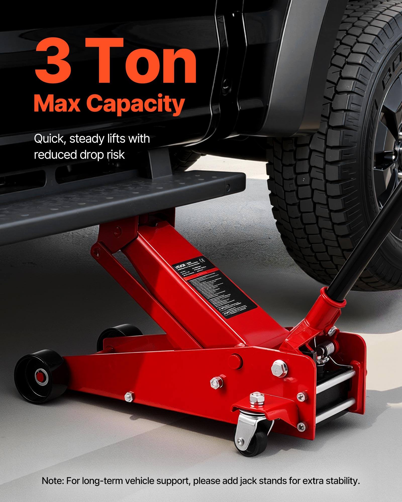 3 Ton Max Capacity

Quick, steady lifts with reduced drop risk

Note: For long-term vehicle support, please add jack stands for extra stability.