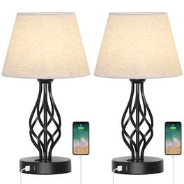 Oumilen - Twisted Metal Frame Table Lamp with USB Charging Port & Linen Shade