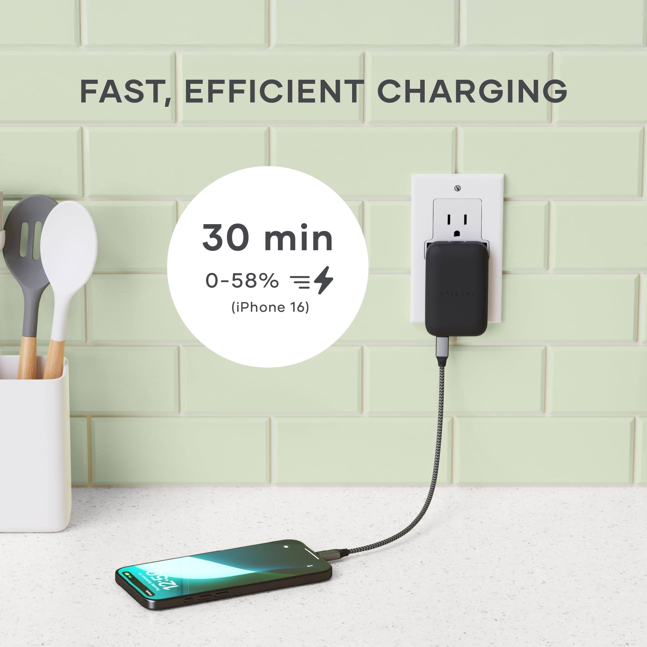 FAST, EFFICIENT CHARGING  
30 min 0-58% (iPhone 16)