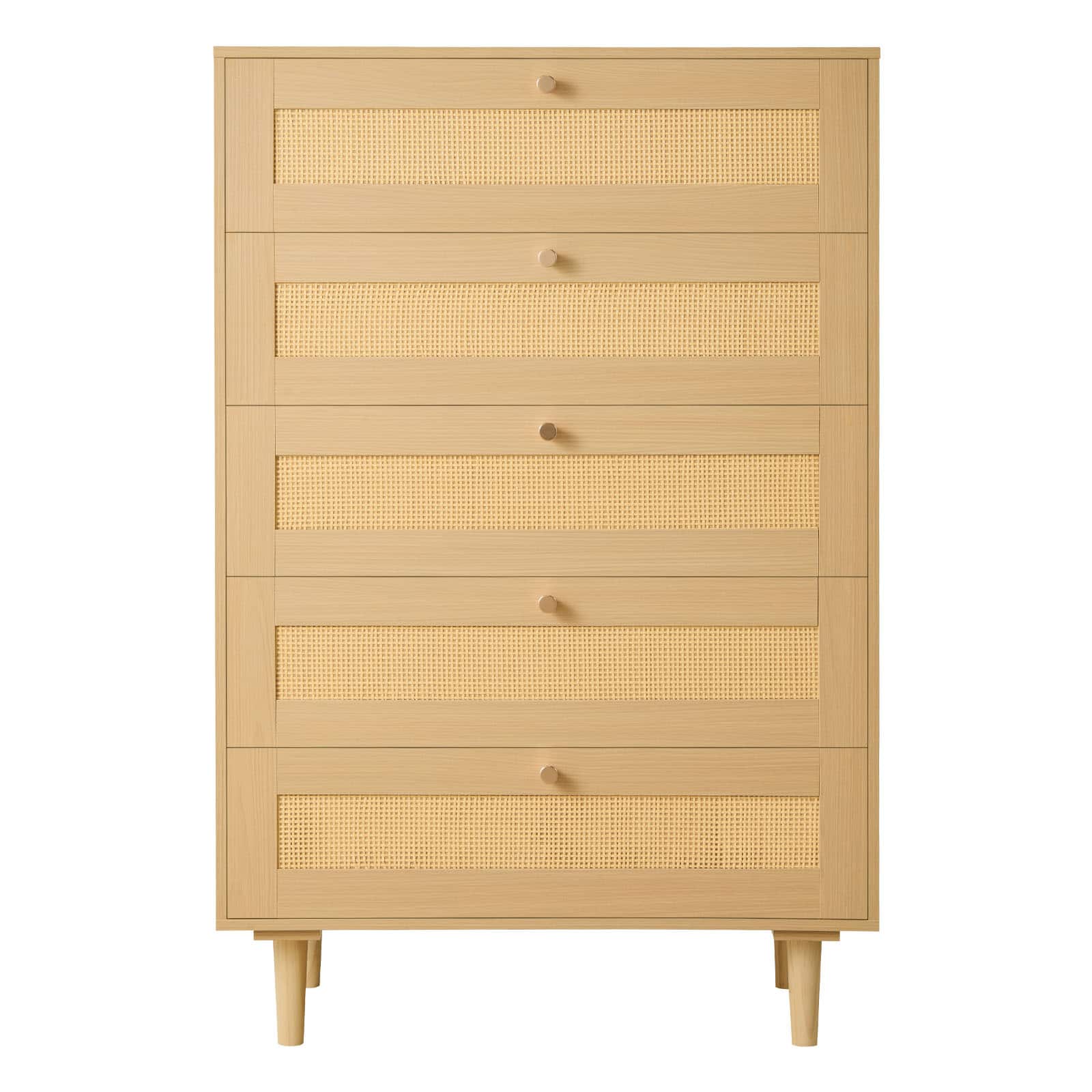 VEVOR - 5 Drawer Rattan Dresser, Modern Closet Dresser for Bedroom, Natural Rattan Chest of Drawers with Metal Handles - Natural Wood