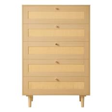 Front. VEVOR - 5 Drawer Rattan Dresser, Modern Closet Dresser for Bedroom, Natural Rattan Chest of Drawers with Metal Handles - Natural Wood.