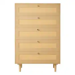 VEVOR - 5 Drawer Rattan Dresser, Modern Closet Dresser for Bedroom, Natural Rattan Chest of Drawers with Metal Handles - Natural Wood