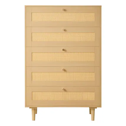 Front. VEVOR - 5 Drawer Rattan Dresser, Modern Closet Dresser for Bedroom, Natural Rattan Chest of Drawers with Metal Handles - Natural Wood.