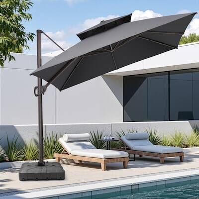 Alt View 5. Crestlive Products - Crestlive Products 11ft Square Aluminum Double Top Slide-tilt Cantilever Patio Umbrella with 350lbs Wheeled Base - Dark gray.