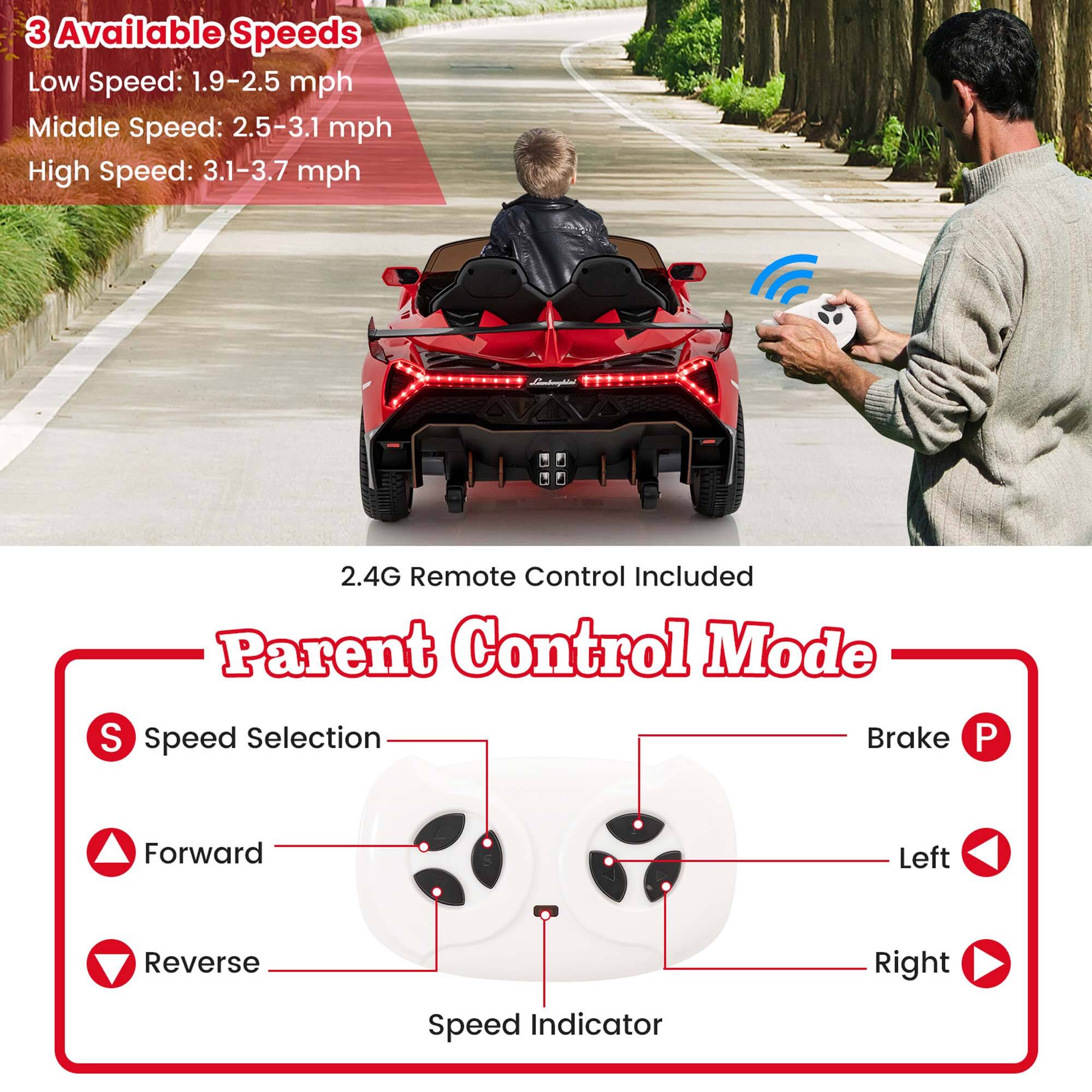 3 Available Speeds  
Low Speed: 1.9-2.5 mph  
Middle Speed: 2.5-3.1 mph  
High Speed: 3.1-3.7 mph  

2.4G Remote Control Included  

Parent Control Mode  
S Speed Selection  
Forward  
Reverse  
Brake P  
Left  
Right  
Speed Indicator