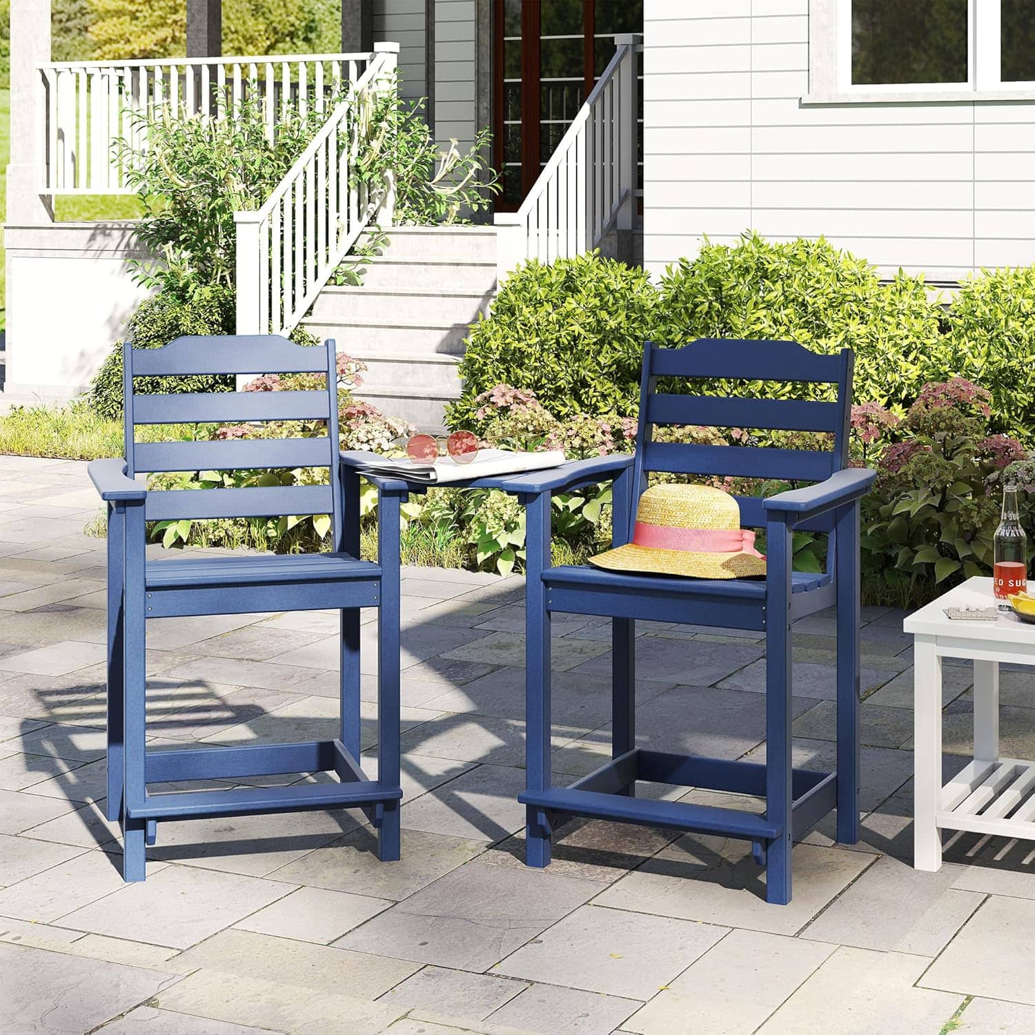 Angle. Decksplore - 2-Pack HDPE Tall Chairs with Connecting Tray & Patio Footrest All-Weather Outdoor Use - Dark Blue.