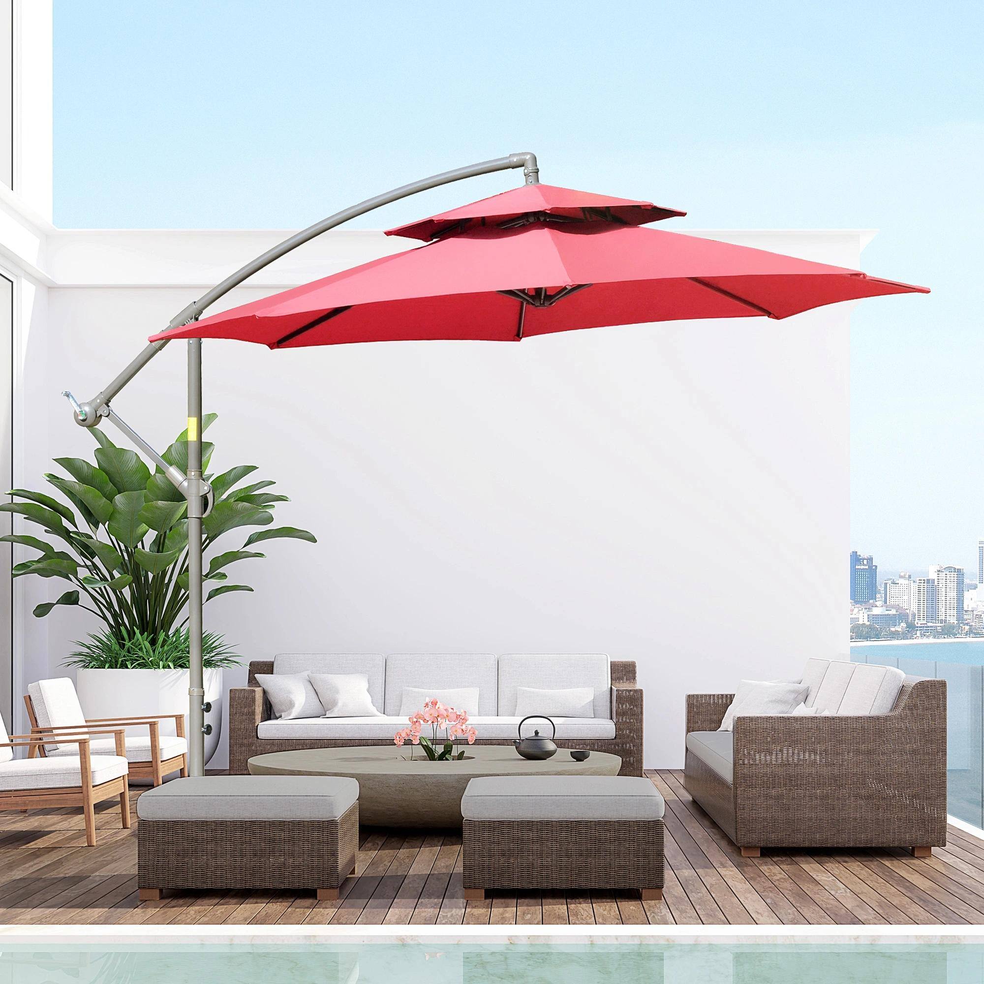 Angle. Spaco - Spaco 9Ft 2-Tier Cantilever Patio Umbrella, Crank Offset Shade with Base - Red.
