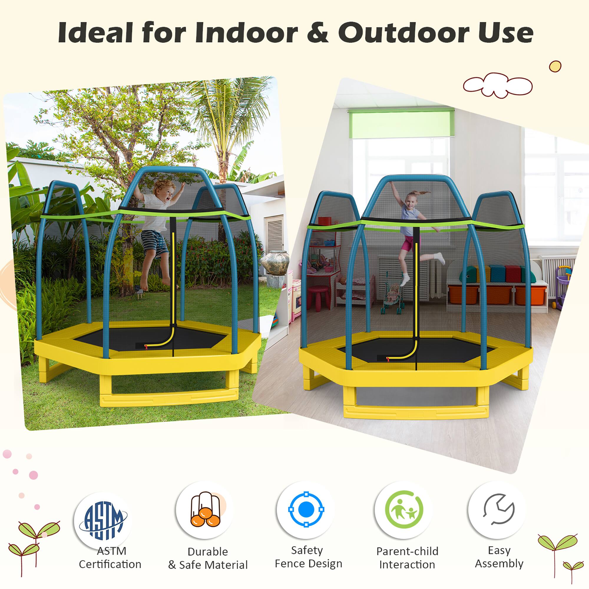 Ideal for Indoor & Outdoor Use

- ASTM Certification
- Durable & Safe Material
- Safety Fence Design
- Parent-child Interaction
- Easy Assembly