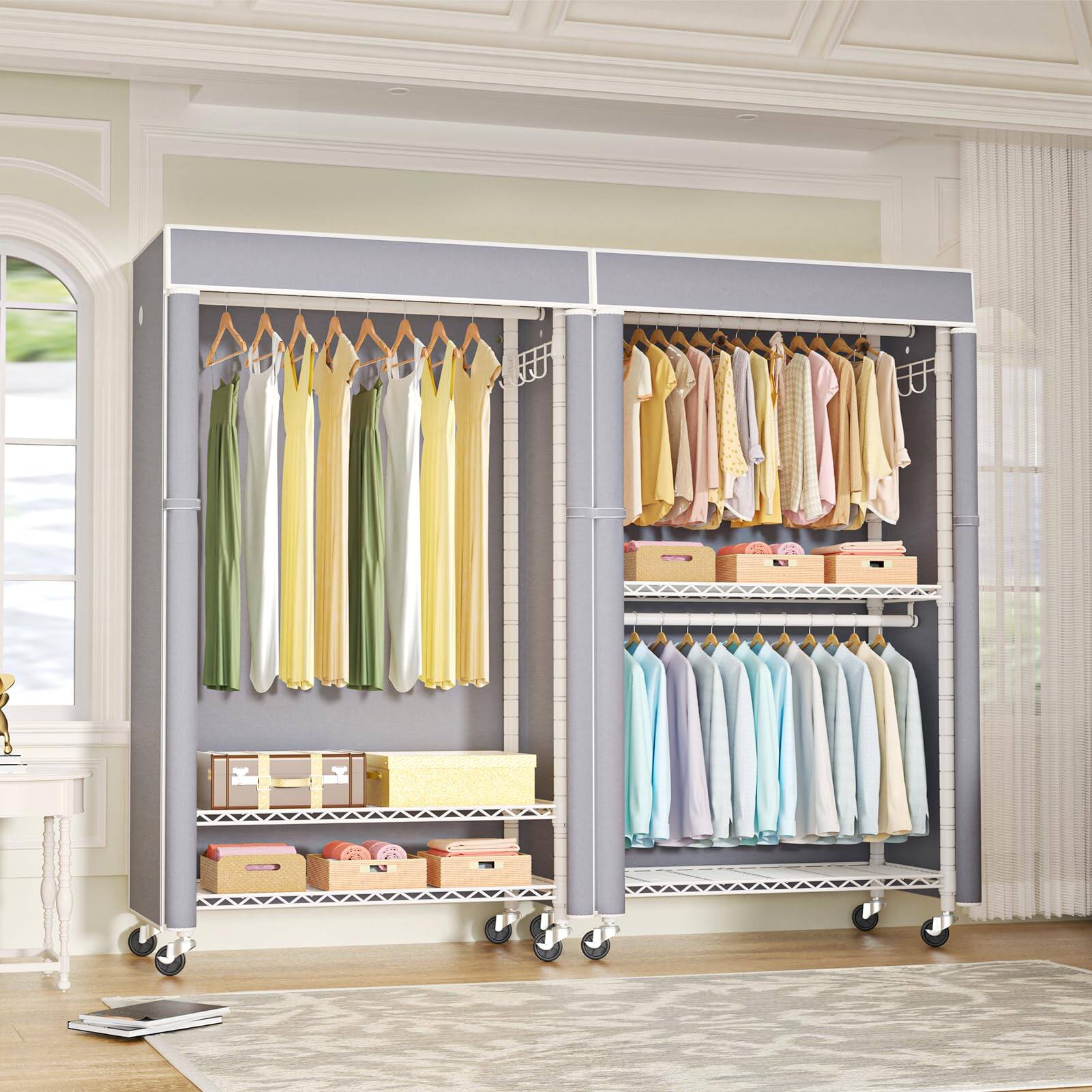 Alt View 3. Hirose Alice - FUTASSI Clothing Rack with Cover  P1C Rolling Closet Rack with Wheels  Metal Garment Rack for Hanging Clothes - Black Rack With Dark Gray Cover.