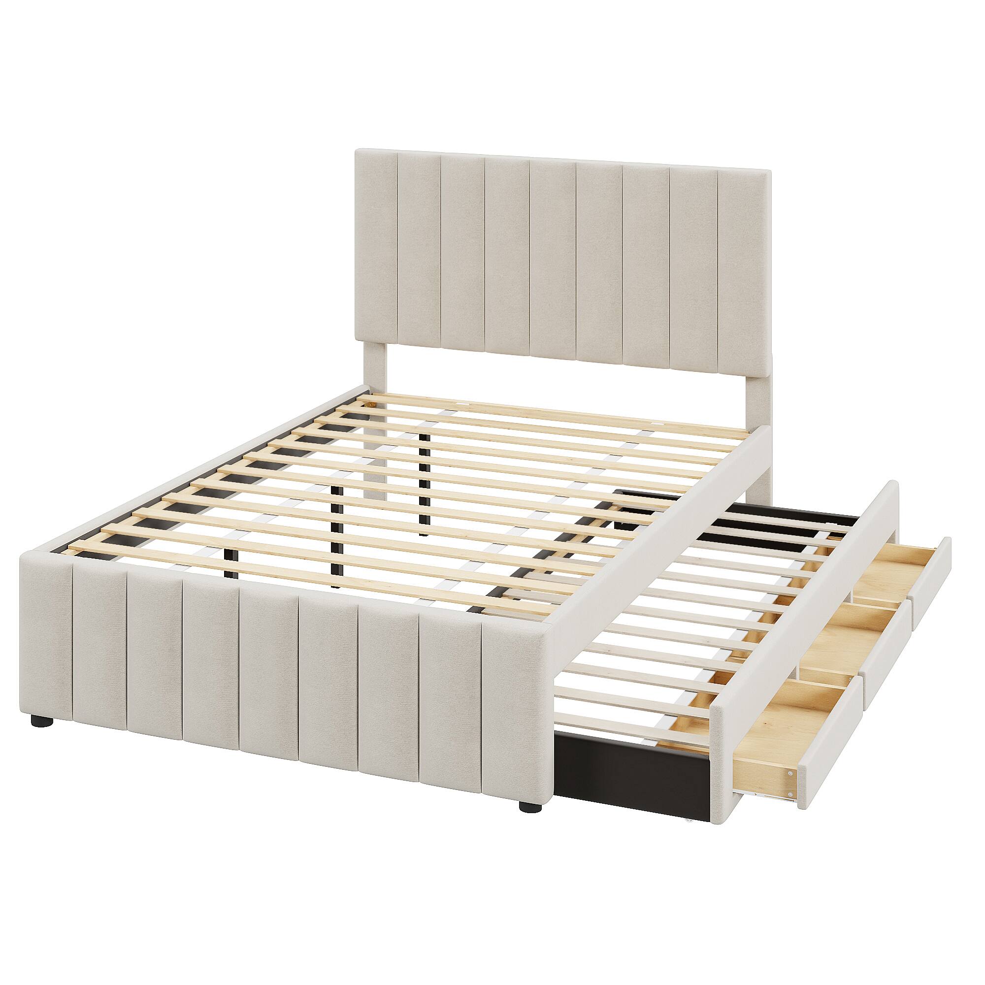 Left. Tiramisubest - Full Size Upholstered Platform Bed with Twin Size Trundle and 3 Drawers, Linen Fabric, Beige - Beige.