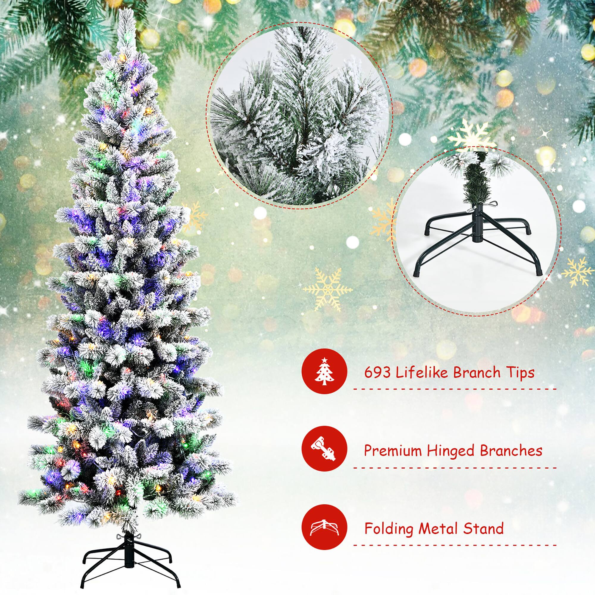 The text on the image is grouped as follows:

1. 693 Lifelike Branch Tips
2. Premium Hinged Branches
3. Folding Metal Stand