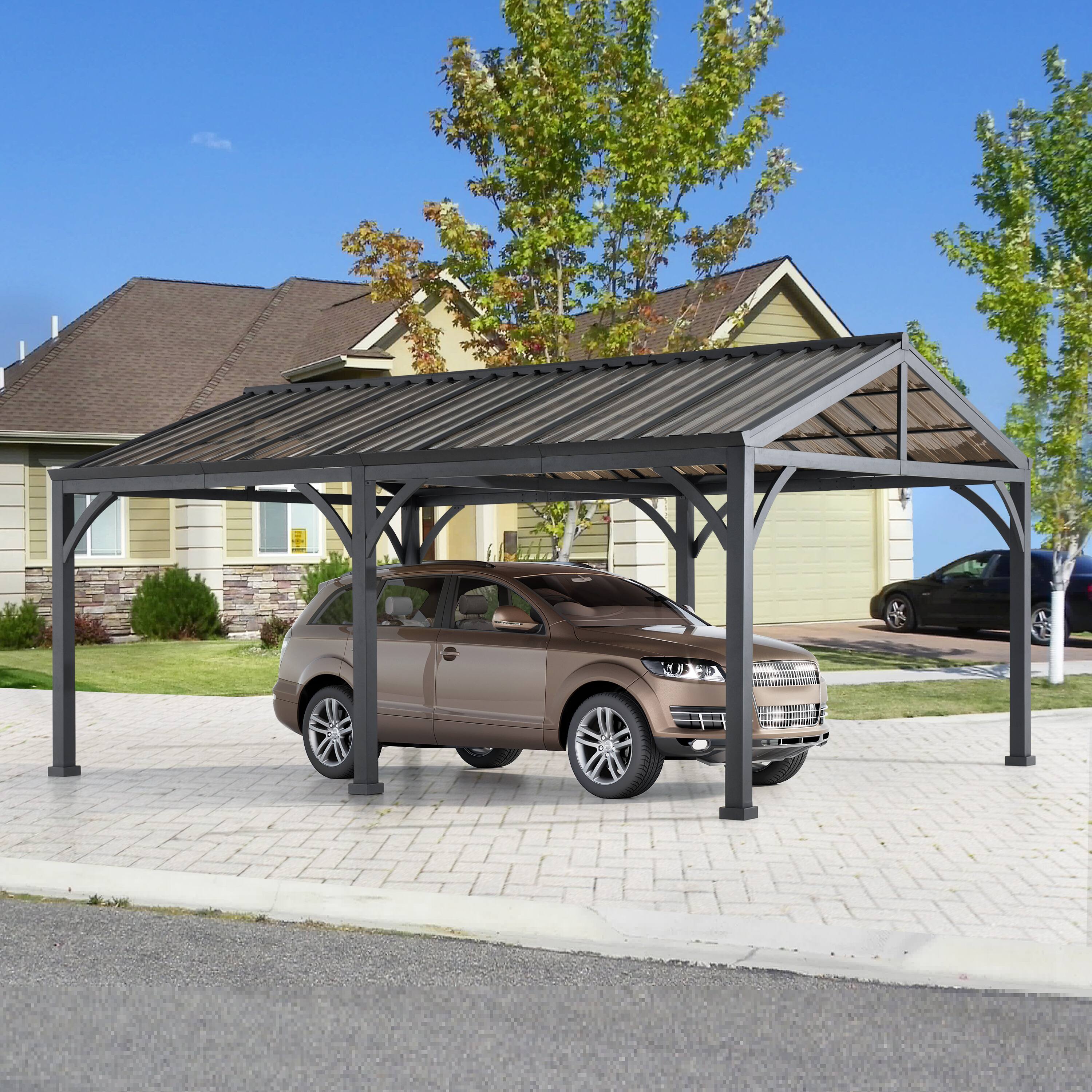 Angle. SUNJOY - Sunjoy 12x20ft Outdoor Carport - Heavy-Duty Steel Garage Shelter with Powder-Coated Roof/Frame , Gray & Dark Gray - Gray & Dark Gray.