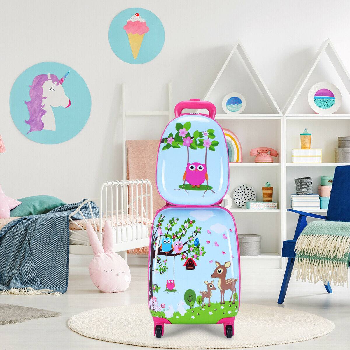 Alt View 13. Costway - 2Pcs 12'' 16'' Kids Luggage Set Suitcase Backpack School Travel Trolley ABS - pink & light blue.