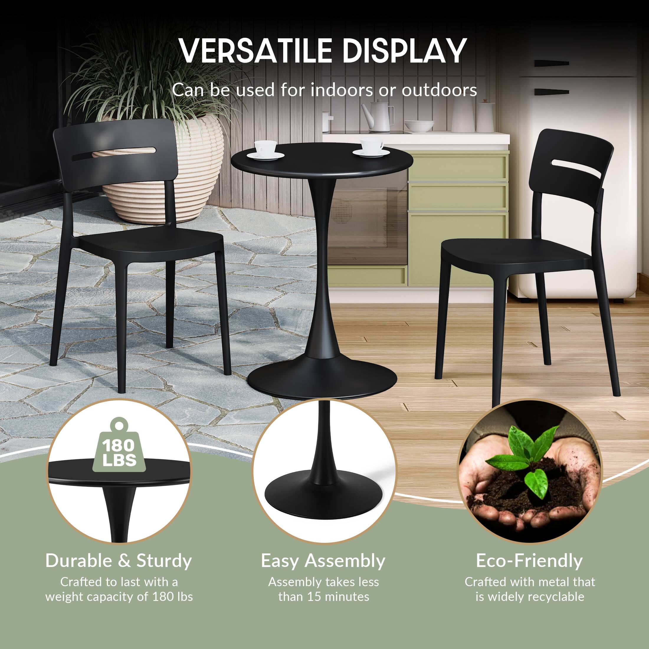 VERSATILE DISPLAY  
Can be used for indoors or outdoors  

180 LBS  
Durable & Sturdy  
Crafted to last with a weight capacity of 180 lbs  

Easy Assembly  
Assembly takes less than 15 minutes  

Eco-Friendly  
Crafted with metal that is widely recyclable