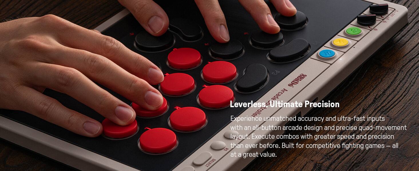 Leverless Ultimate Precision

Experience unmatched accuracy and ultra-fast inputs with an all-button arcade design and precise quad-movement layout. Execute combos with greater speed and precision than ever before. Built for competitive fighting games – all at a great value.