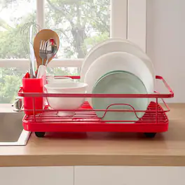 Sweet Home Collection - 3-Piece Multi-Functional Dish Drying Rack with Drain Board & Utensil Holder - Red