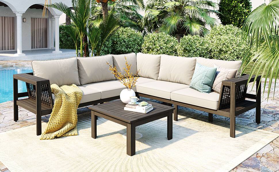 Alt View 6. Siljoy - 4-Piece L-Shaped Acacia Wood Patio Sofa Set, Mesh Armrests, Coffee & Side Tables, Beige Cushions - White.