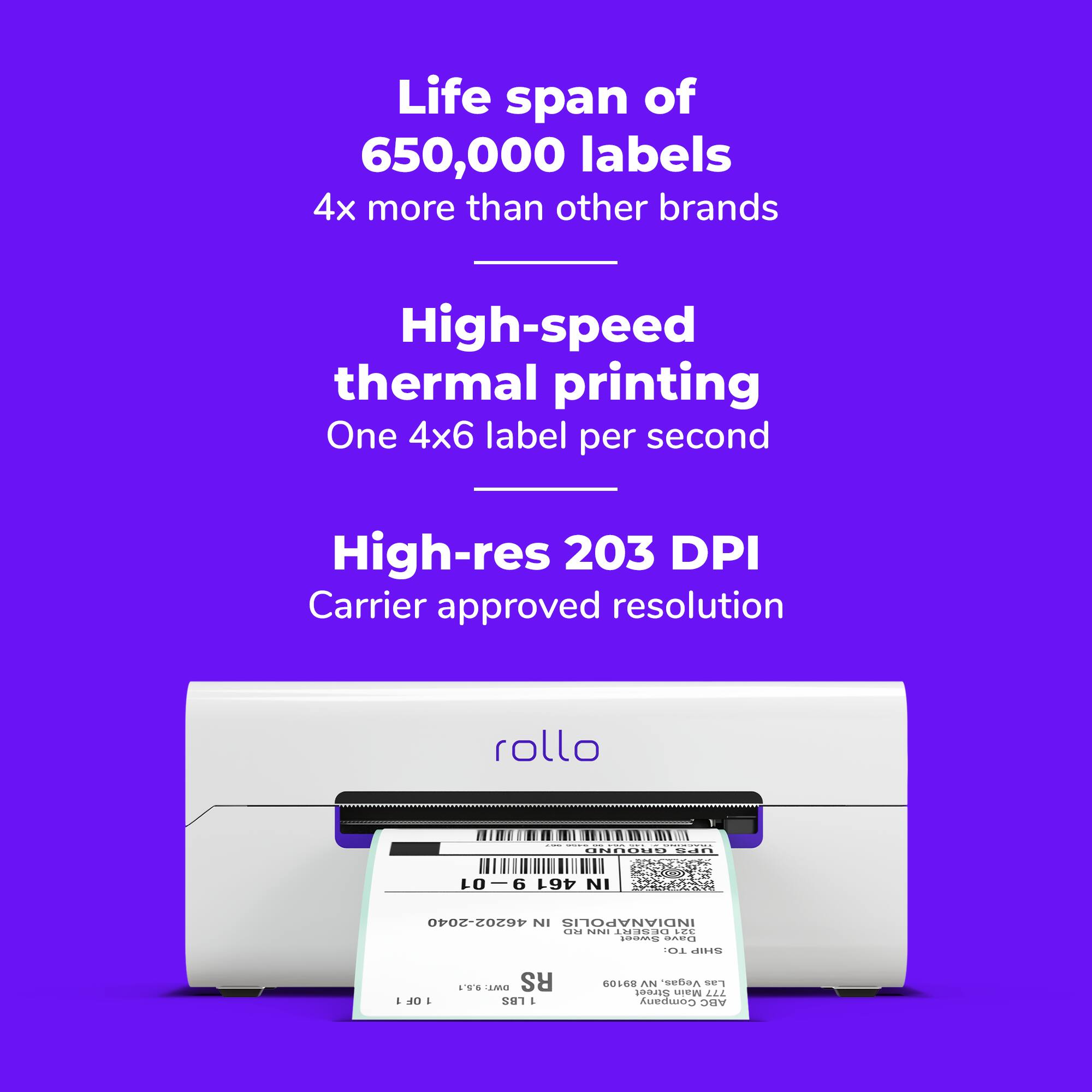 Life span of 650,000 labels 4x more than other brands

High-speed thermal printing One 4x6 label per second

High-res 203 DPI Carrier approved resolution