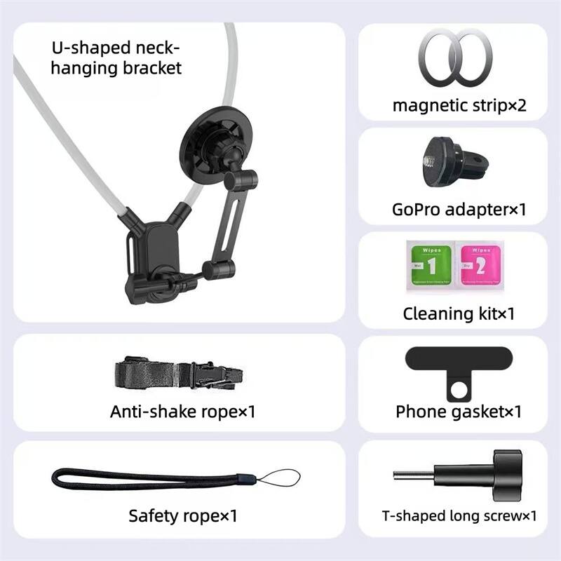- U-shaped neck-hanging bracket
- Magnetic strip x2
- GoPro adapter x1
- Wipes 1
- Wipes 2
- Cleaning kit x1
- Anti-shake rope x1
- Phone gasket x1
- Safety rope x1
- T-shaped long screw x1
