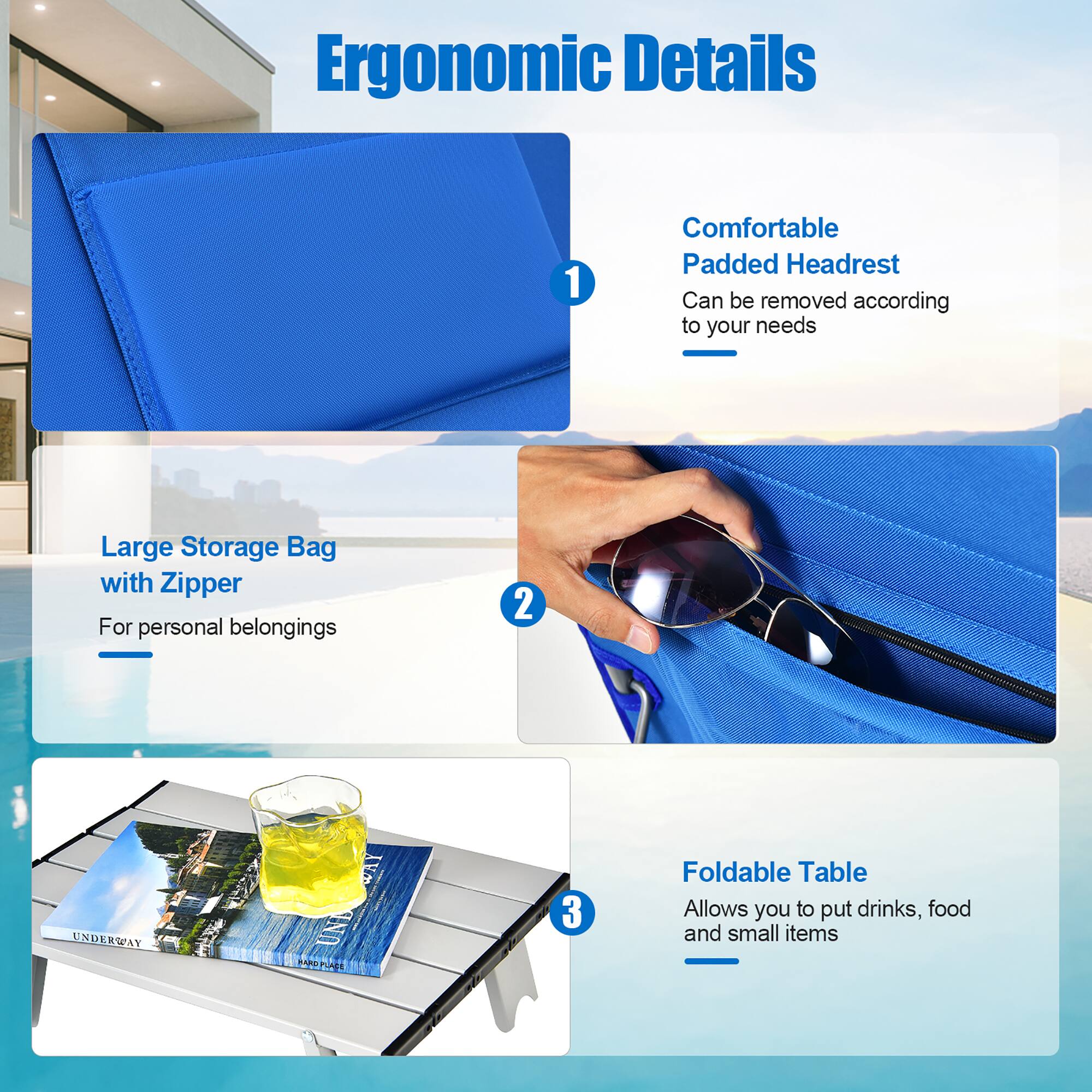 Ergonomic Details

1. Comfortable Padded Headrest  
   Can be removed according to your needs

2. Large Storage Bag with Zipper  
   For personal belongings

3. Foldable Table  
   Allows you to put drinks, food, and small items