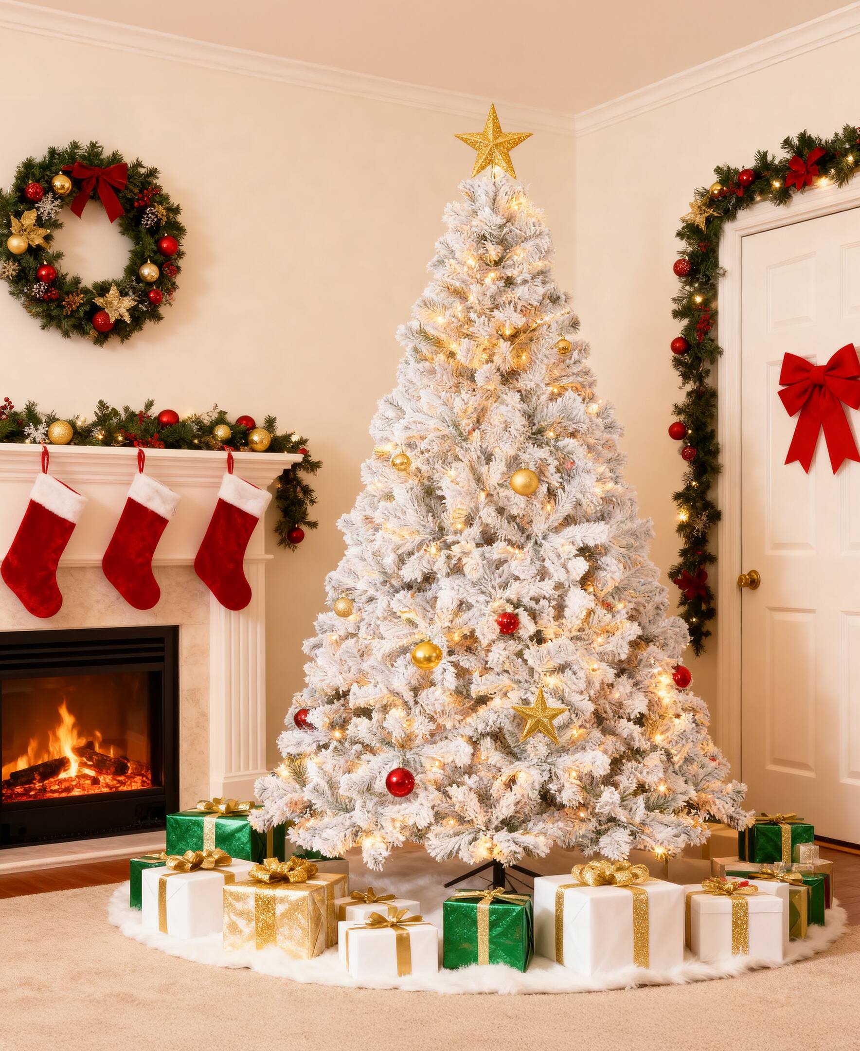 Angle. Sugift - 6-Ft Pre-Lit Snow-Flocked Christmas Tree with 250 LED Lights & 1000 Branch Tips - White.