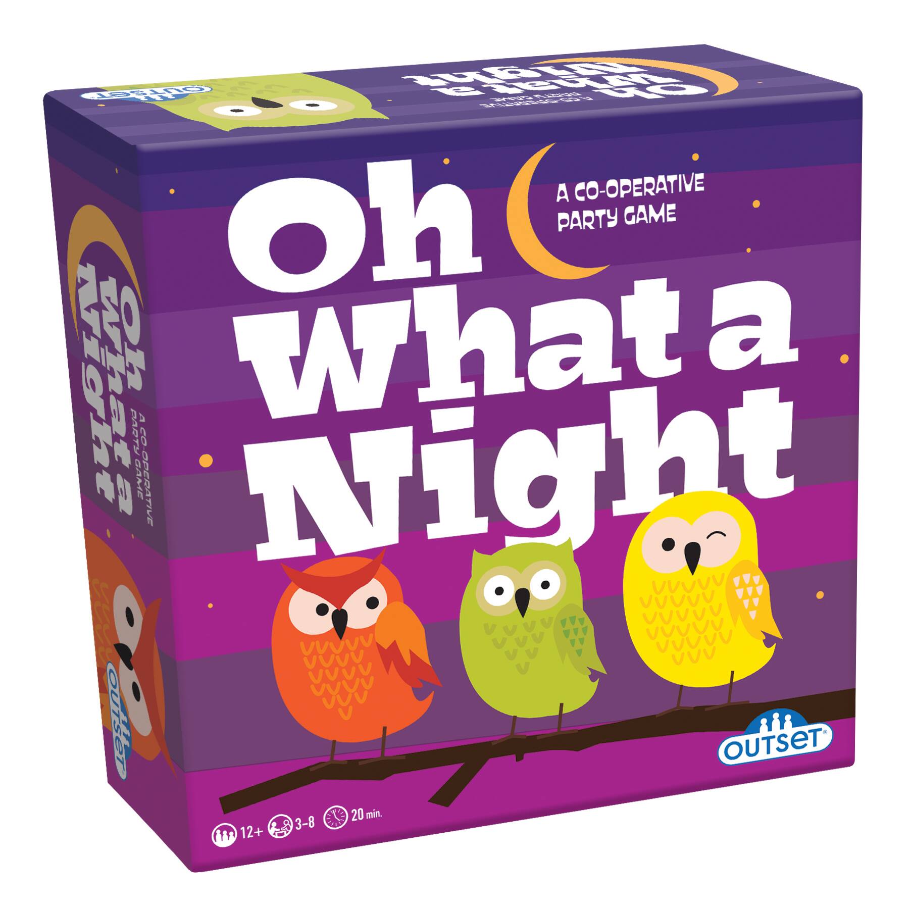 A co-operative party game. Ok, what a night! A 20 minute game for 3-8 players, aged 12+.