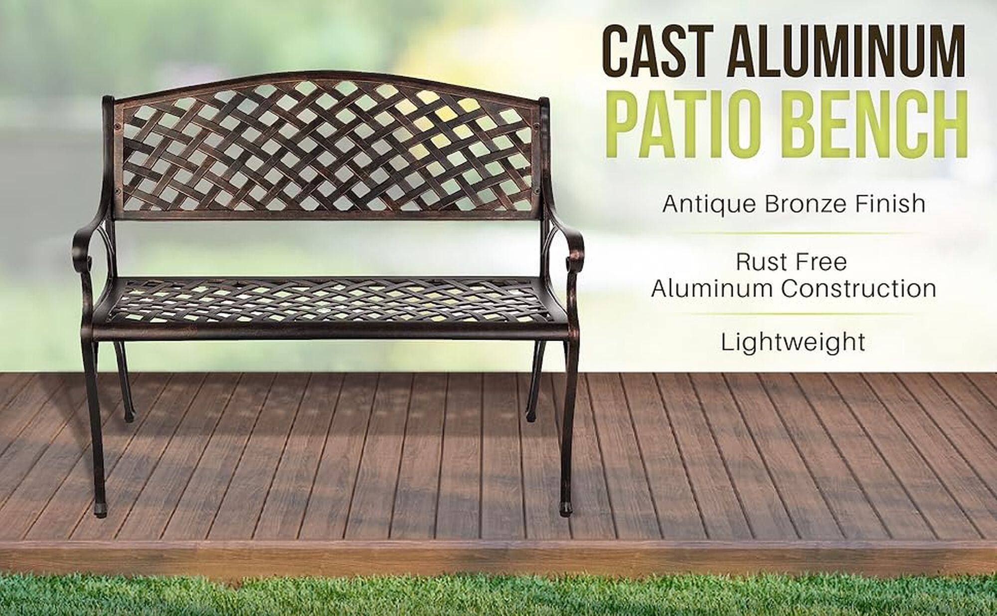 CAST ALUMINUM PATIO BENCH Antique Bronze Finish Rust Free Aluminum Construction Lightweight
