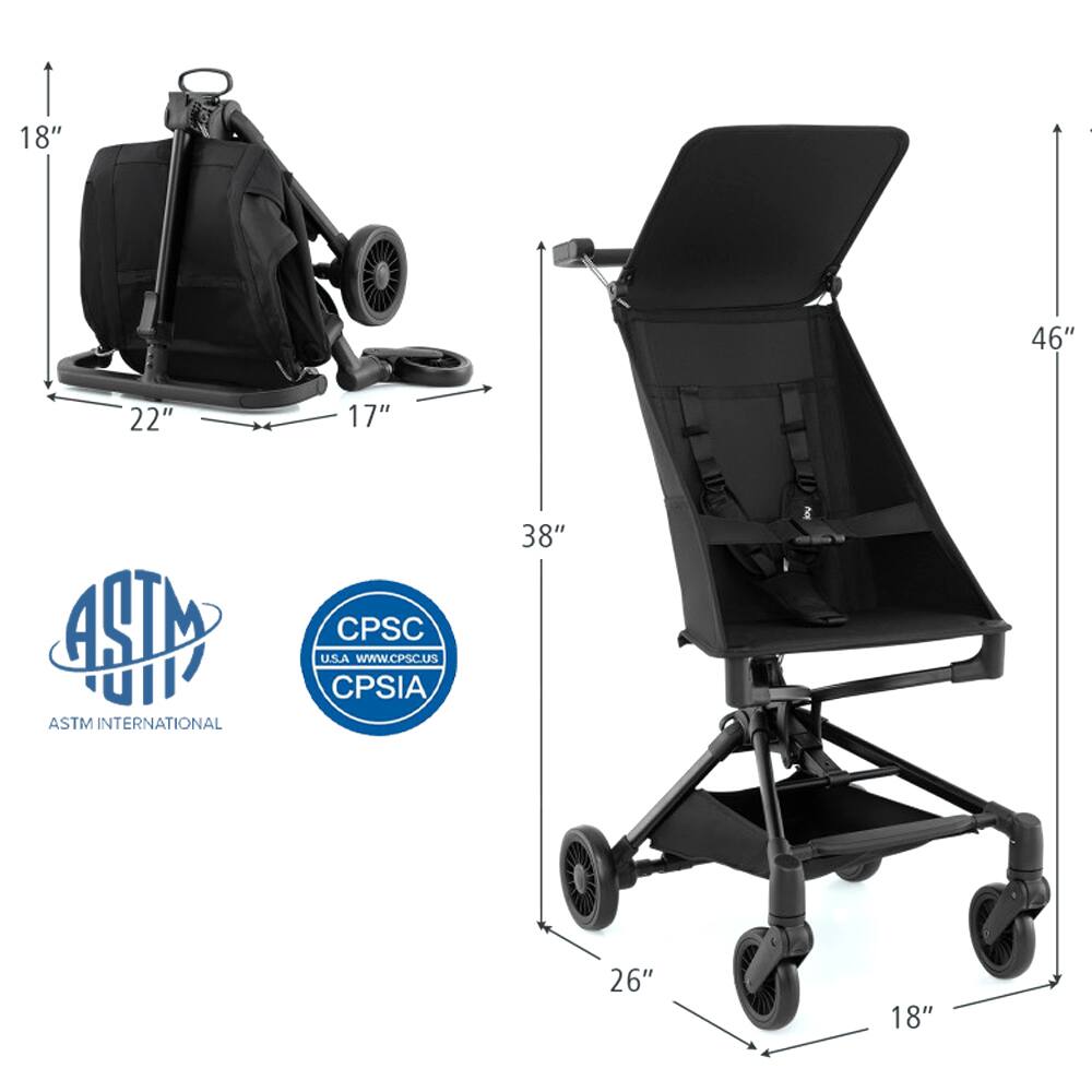 Sure, here is the corrected and grouped text from the image:

- **Dimensions of the Vacuum Cleaner:**
  - Height: 18"
  - Width: 22"
  - Depth: 17"

- **Dimensions of the Stroller:**
  - Height: 46"
  - Width: 38"
  - Depth: 26"
  - Seat Width: 18"

- **Certifications:**
  - ASTM INTERNATIONAL
  - CPSC U.S.A. www.CPSC.US
  - CPSIA