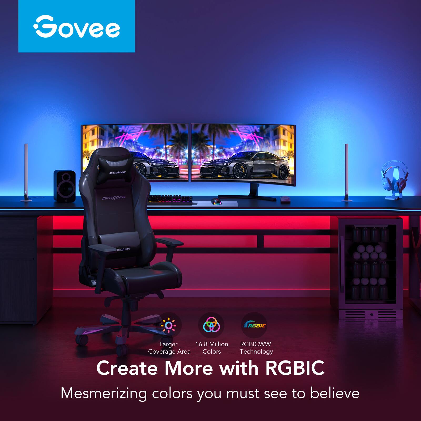 Govee, NFS, RGBIC, Larger Coverage Area, 16.8 Million Colors, RGBICWW Technology, Create More with RGBIC, Mesmerizing colors you must see to believe