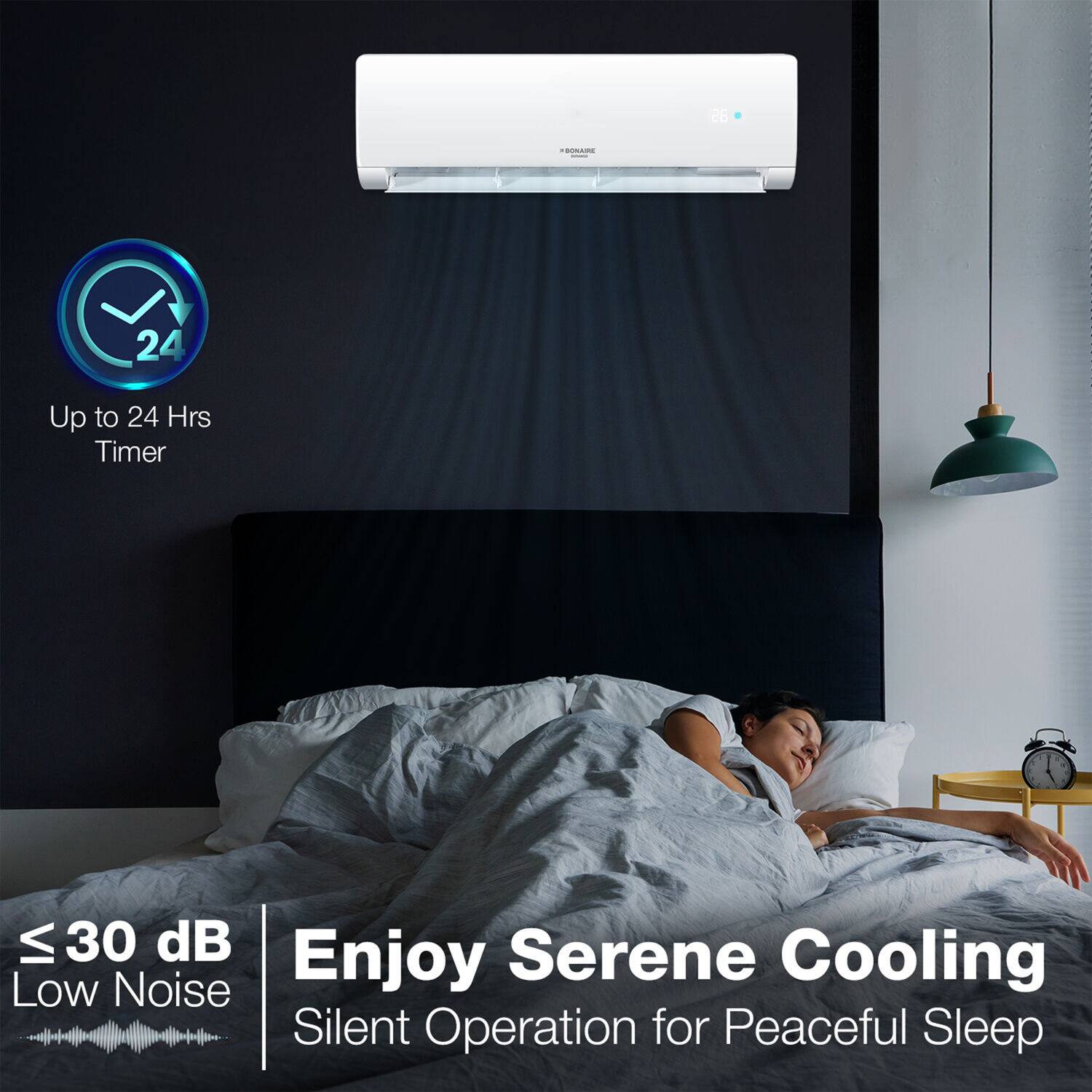 26 - Up to 24 Hrs Timer, 30 dB, Enjoy Serene Cooling, Low Noise, Silent Operation for Peaceful Sleep