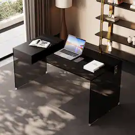 luck idea - 53.14" Tempered Glass Desk With Storage Space - Black Glass