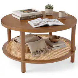 Costway - 2-Tier Rattan Coffee Table,with Wood Veneered Top and Solid Rubber Wood Legs - Walnut