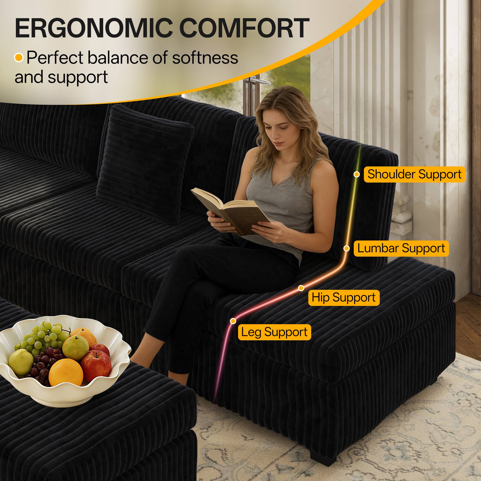 ERGONOMIC COMFORT  
- Perfect balance of softness and support  
- Shoulder Support  
- Lumbar Support  
- Hip Support  
- Leg Support