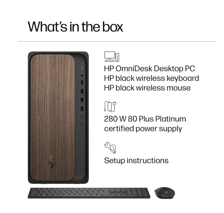 What's in the box

- HP OmniDesk Desktop PC
- HP black wireless keyboard
- HP black wireless mouse
- 280 W 80 Plus Platinum certified power supply
- Setup instructions