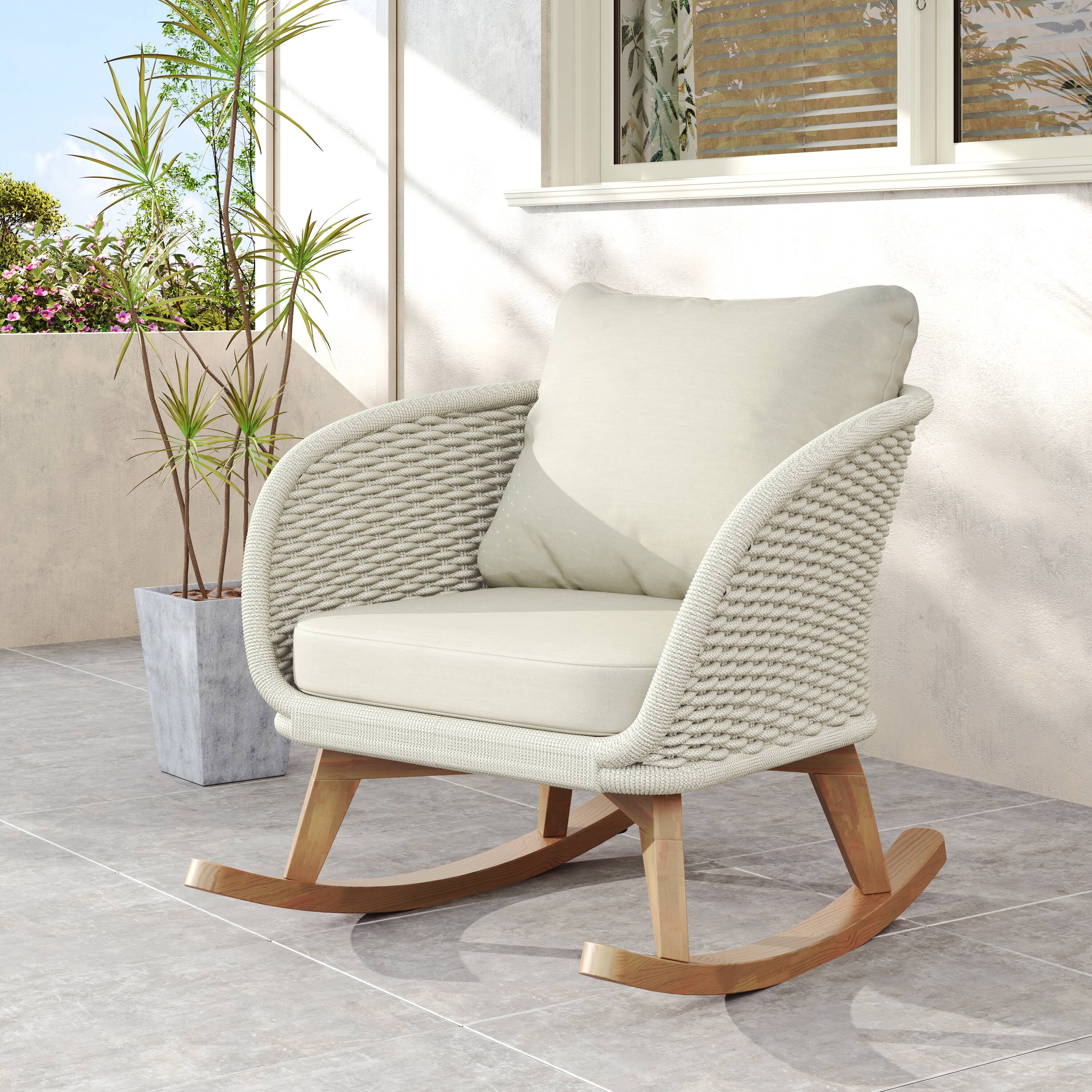 Front. Tiramisubest - Contemporary Minimalist Wicker Rocking Chair with Cushions and Wooden Frame for Indoor and Outdoor Spaces,Beige+Natural - Beige+Natural.