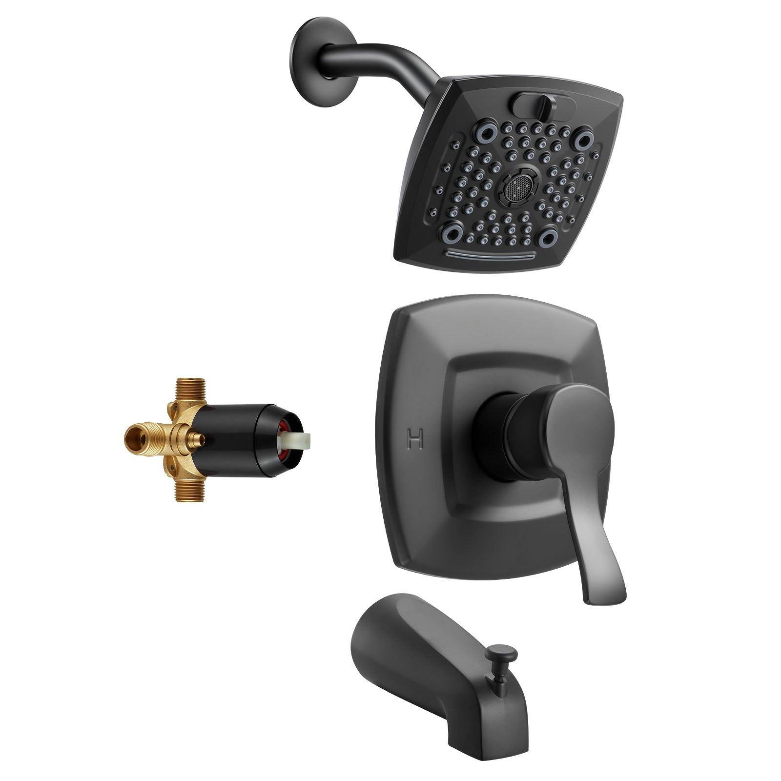 Alt View 9. Glintex - Tub and Shower Faucet Set, 5.1 in Rain Shower Head with Tub Spout, 5 Setting Spray, Single Handle with Brass Valve - Matte Black.