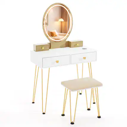 Front. WELLFOR - Makeup Vanity Desk with Oval 3‑Color Lighted Mirror,Charging Station, 4 Drawers and Velvet Padded Stool for Bedroom - White.