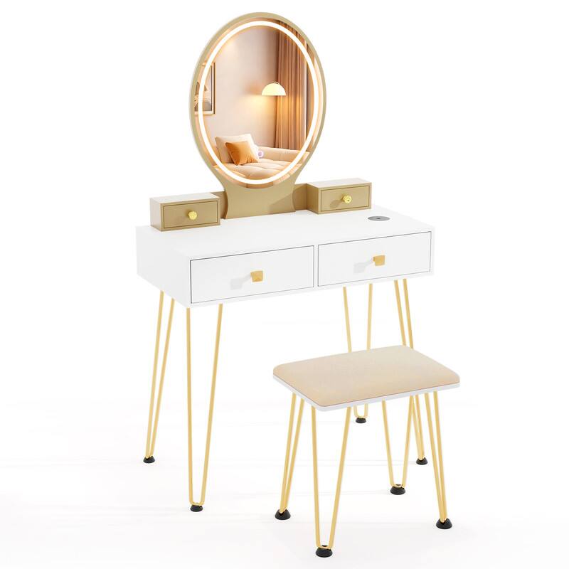 Front. WELLFOR - Makeup Vanity Desk with Oval 3‑Color Lighted Mirror,Charging Station, 4 Drawers and Velvet Padded Stool for Bedroom - White.