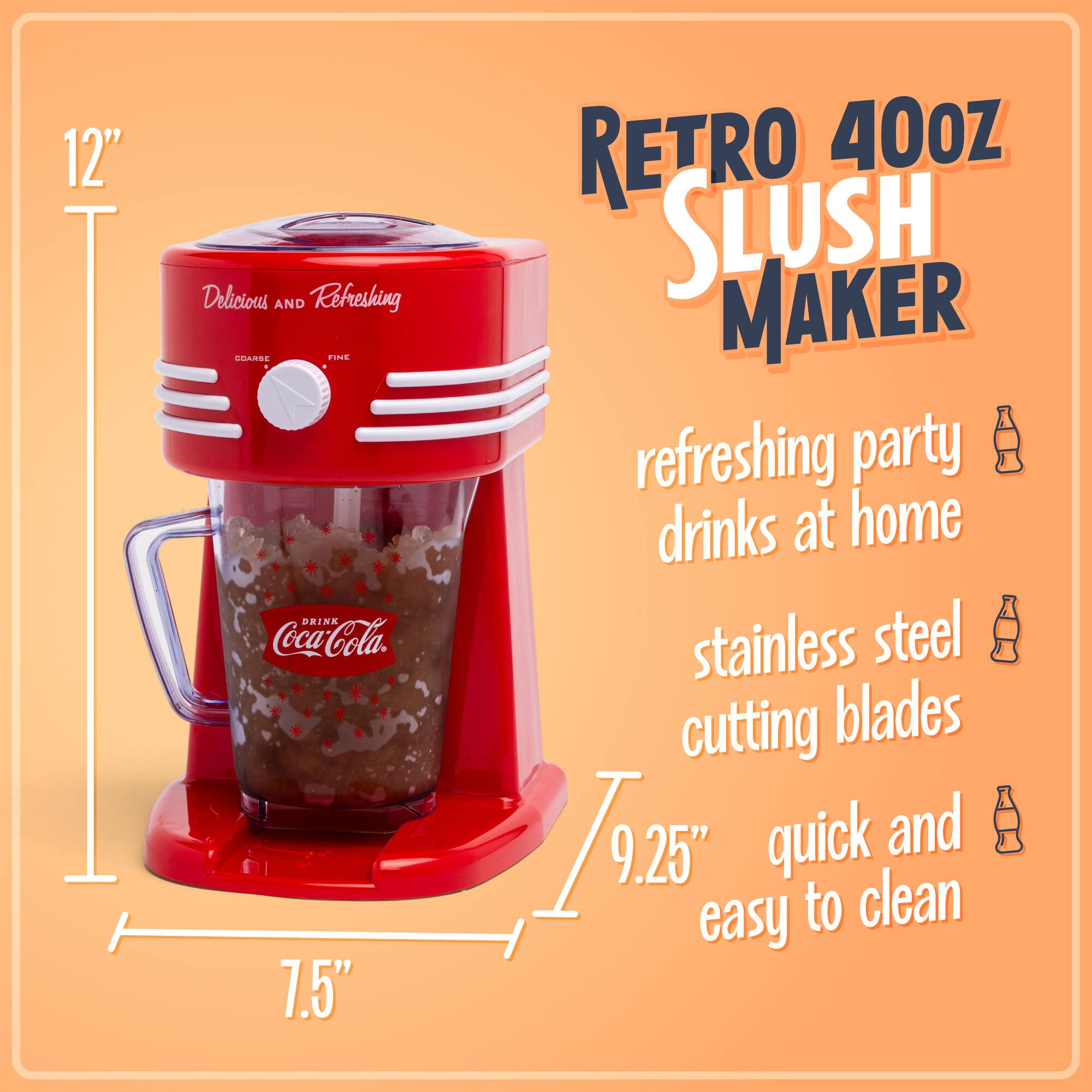 12" Delicious AND Refreshing RETRO 40oz SLUSH MAKER refreshing party drinks at home stainless steel cutting blades 7.5" 9.25" quick and easy to clean