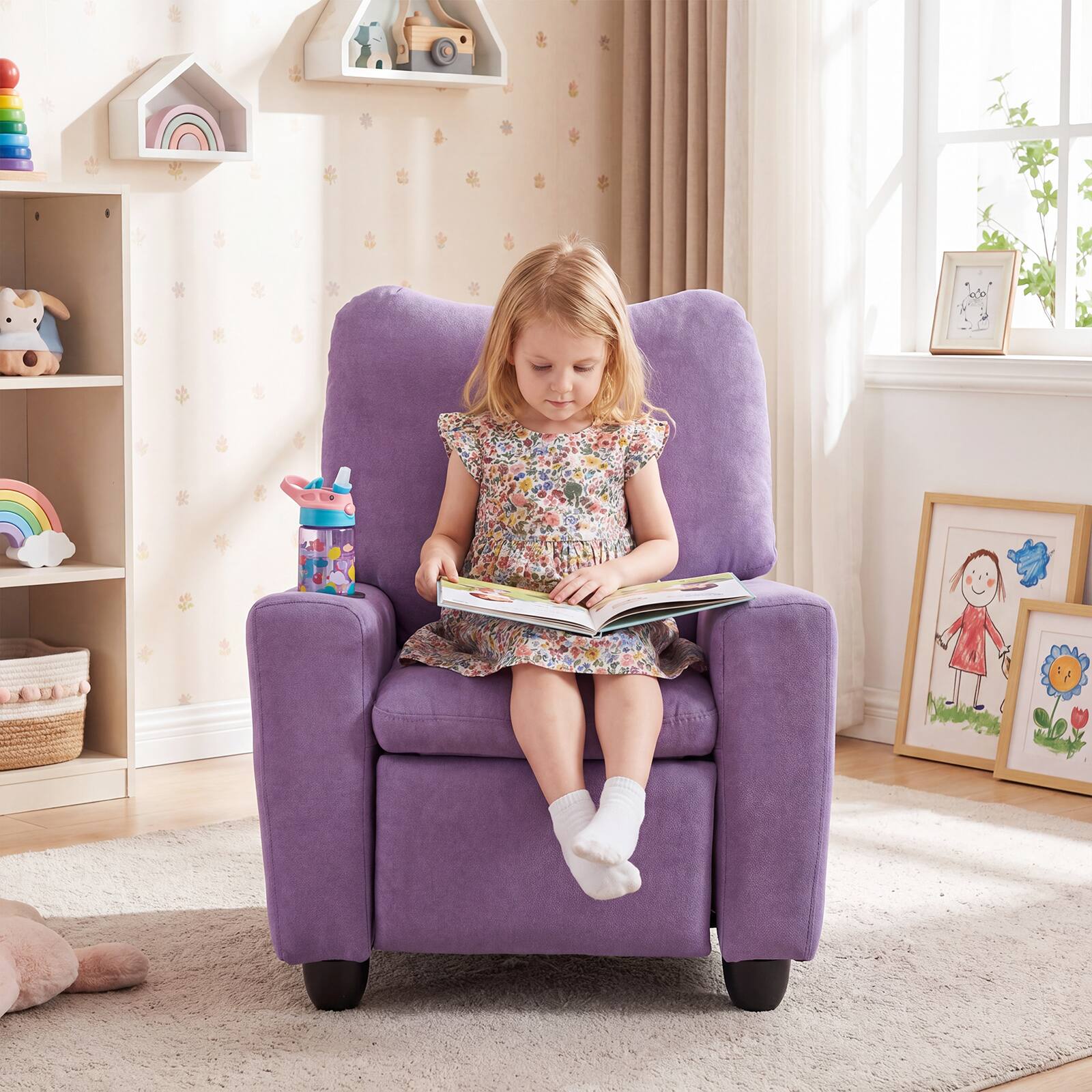 Alt View 1. Costway - Costway Kids Recliner with Adjustable Backrest Footrest Cup Holder Side Pockets for Ages 3+ - Purple.