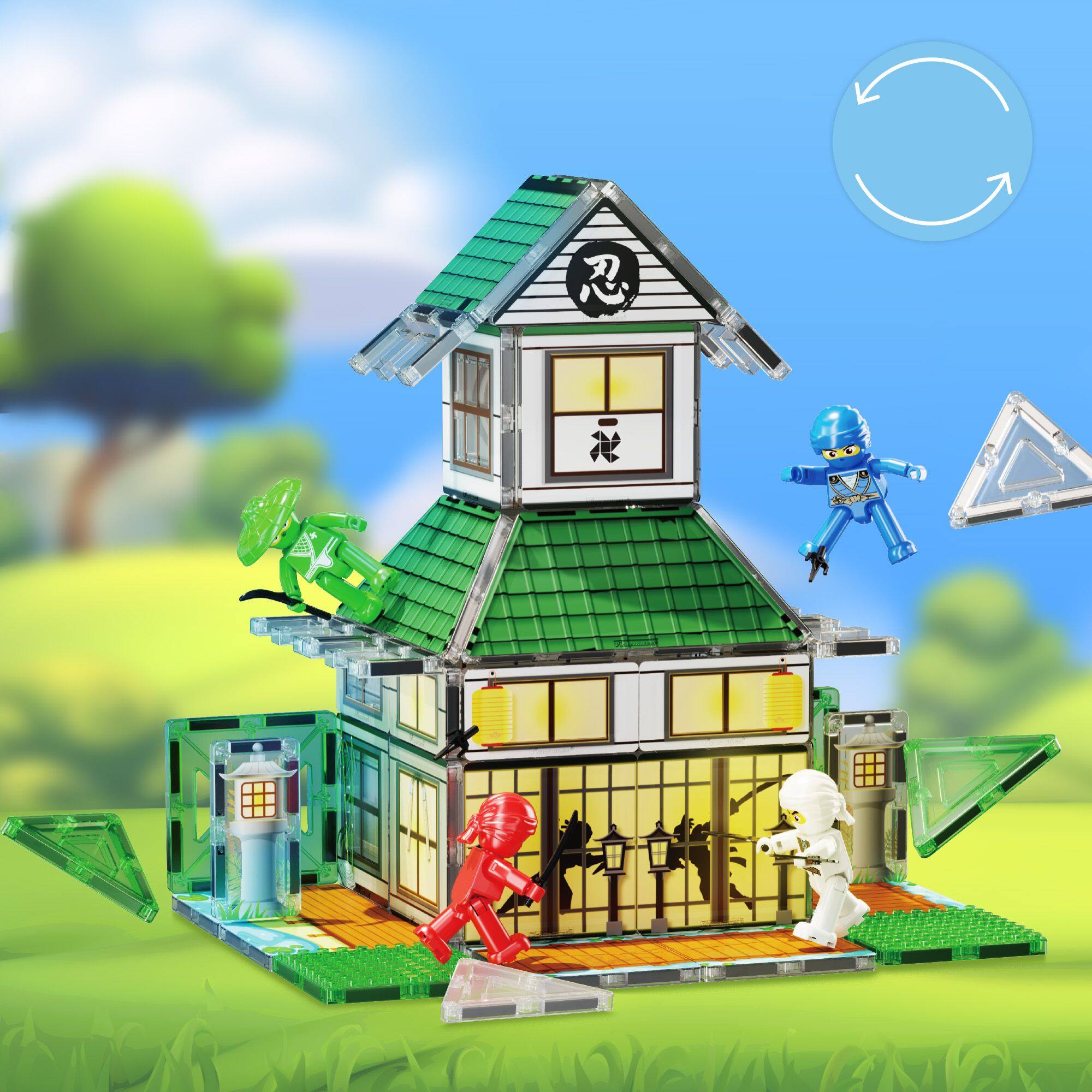 Alt View 2. PicassoTiles - PICASSO-TILES Magnetic Tiles for Kids, Ninja Dojo House Theme with Ninjas Weapon Accessories, STEM Building Blocks Toy - Multicolor.