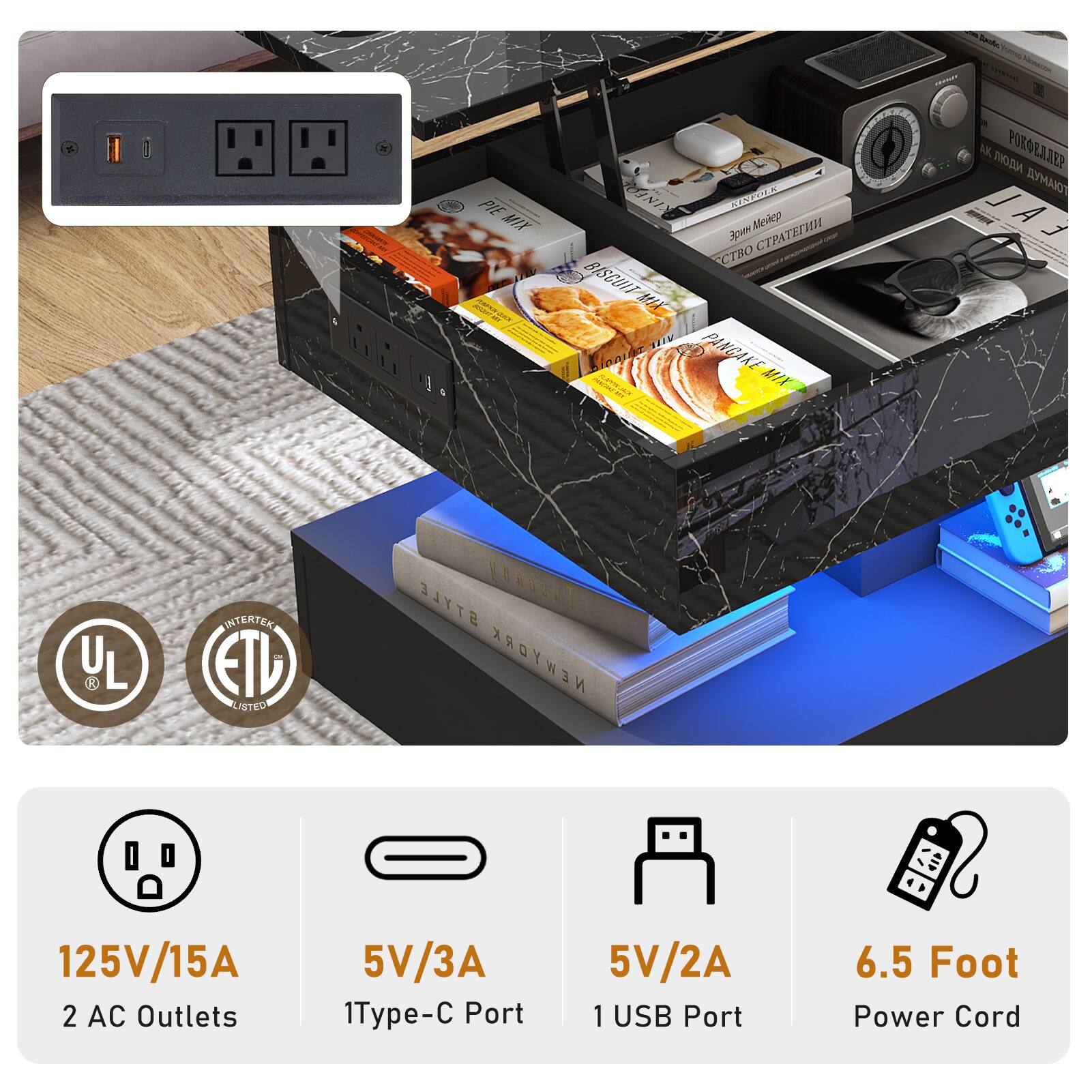 PIE MIX  
CTBO BISCUIT  
PANGAKE  

INTERTEK ETL LISTED  
UL  

125V/15A  
2 AC Outlets  
5V/3A 1 Type-C Port  
5V/2A 1 USB Port  
6.5 Foot Power Cord  

NEW YORK