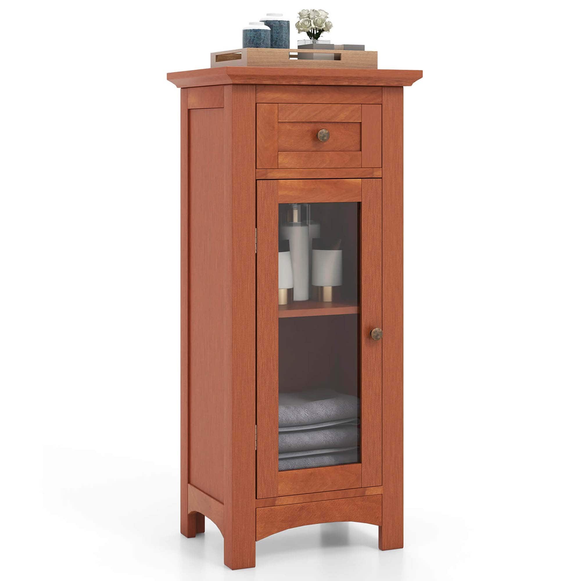 Costway - Bathroom Floor Cabinet with Single Glass Door Drawer & Adjustable Shelf - Brown